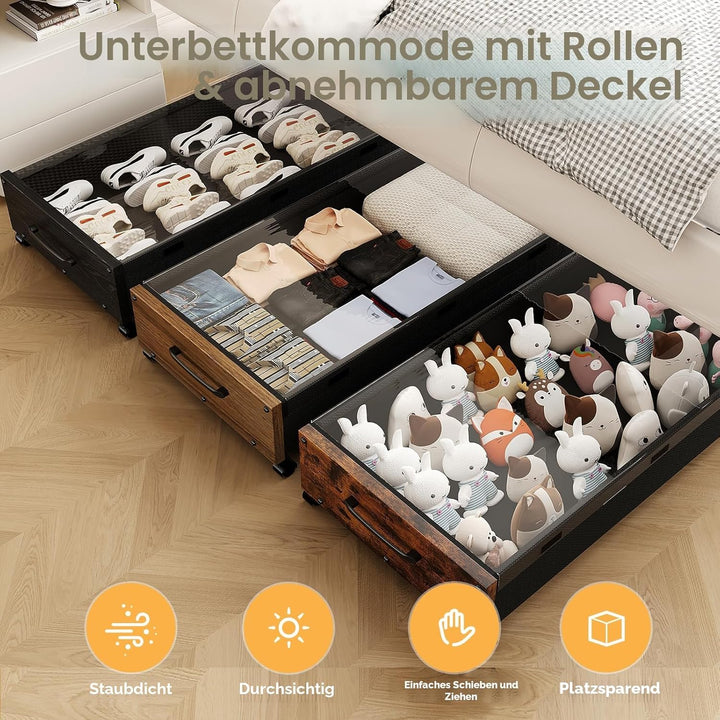 Unterbett-Aufbewahrung mit Rollen, Holz-Aufbewahrungsbehälter Extra Gross Unterbett-Schuh-Organizer,