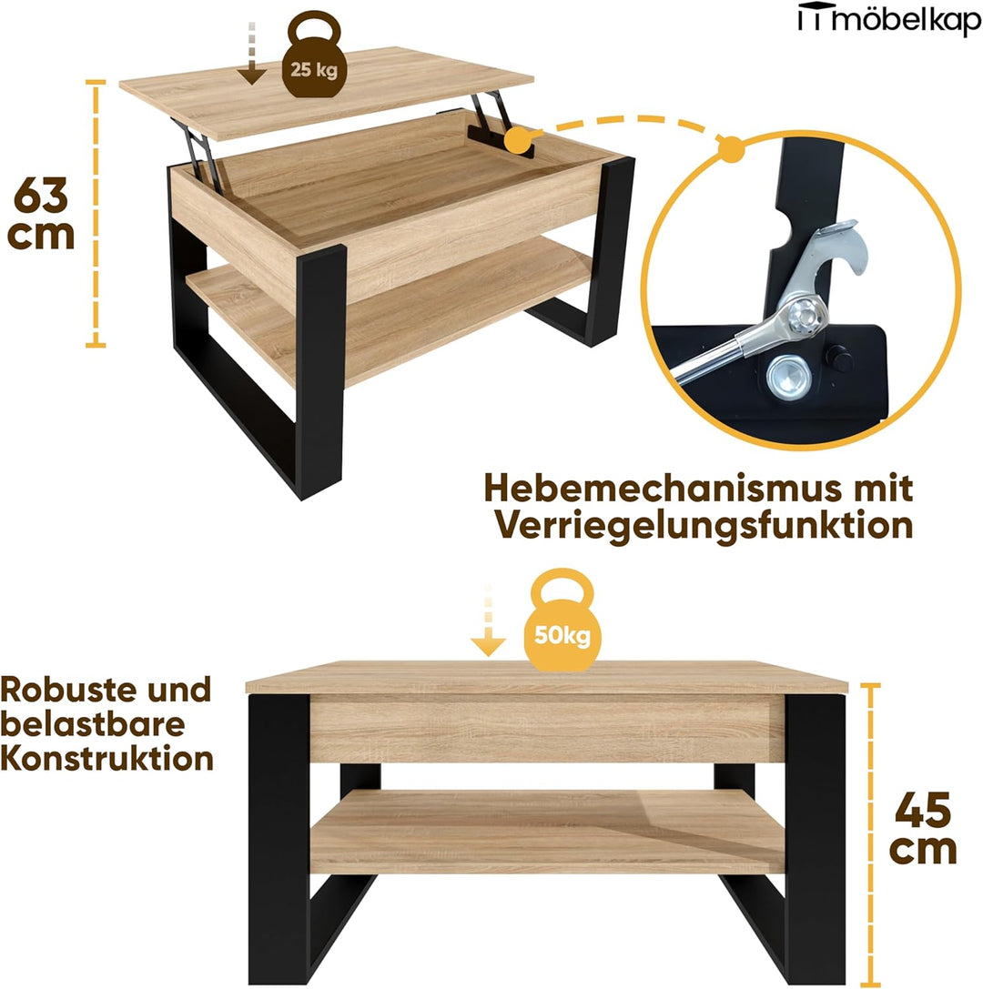 Couchtisch mit anhebbarer Platte | Höhenverstellbarer Wohnzimmertisch mit Stauraum | Sofatisch Eiche