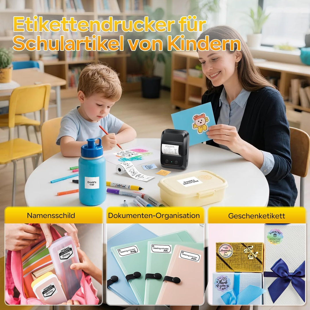 Memoking Bluetooth Etikettendrucker mit 3 Etiketten, Tragbarer Etikettendrucker Selbstklebend mit 30