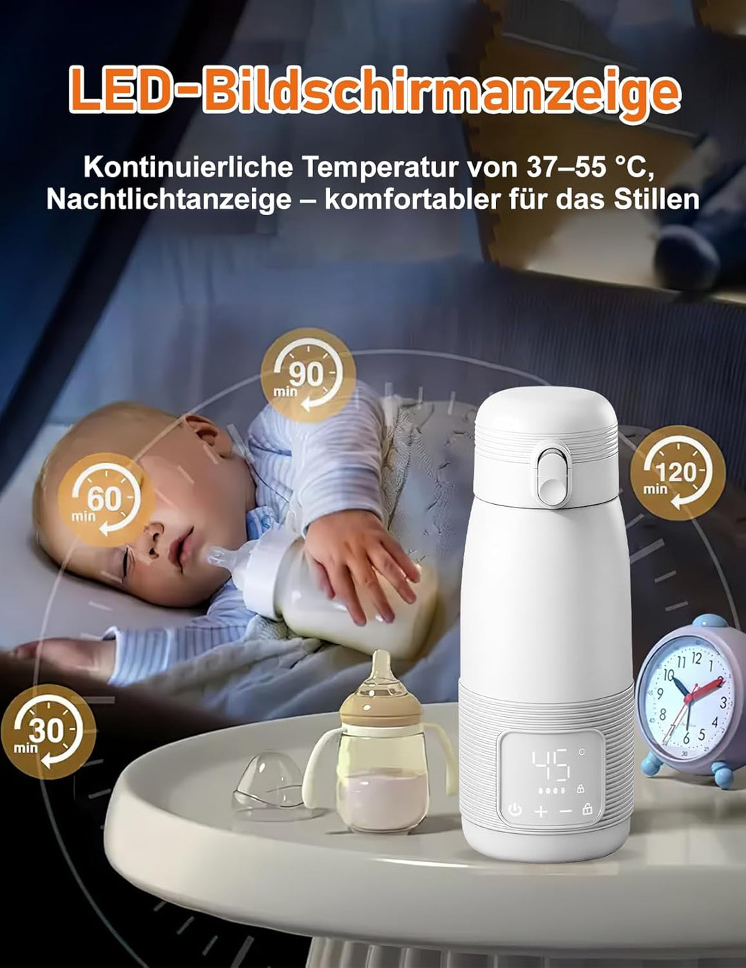 Tragbarer Flaschenwärmer, 500ml Flaschenwärmer Baby Unterwegs Präzise Temperaturkontrolle 37 Bis 55