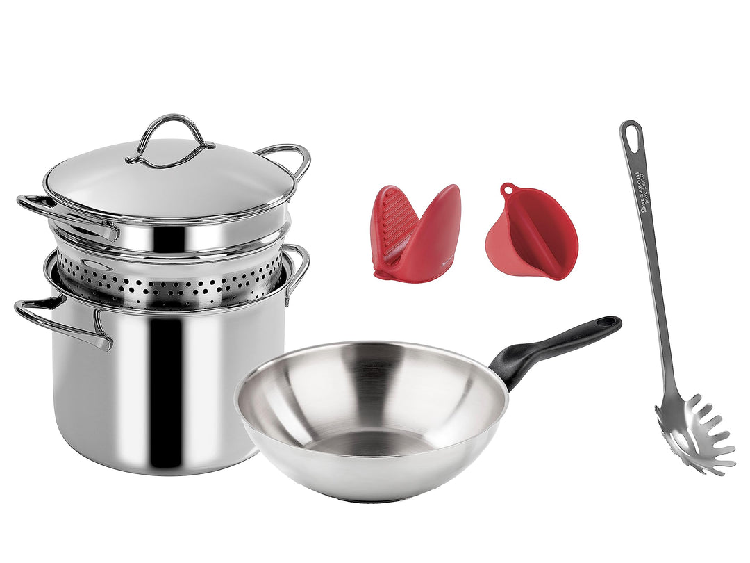 Set 7 pieces Pasta Mania, made by: Pasta pot, Skimmer and Stainless steel Lid, Wok in Stainless Stee