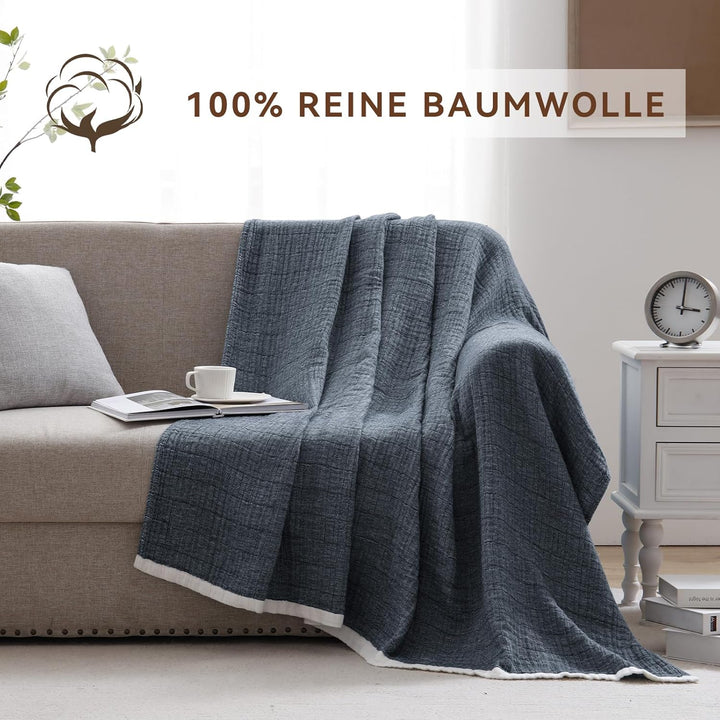 SE SOFTEXLY Musselin Decke aus 100% Baumwolle, 4-Lagige Atmungsaktive Weiche Kuscheldecke, Sofadecke
