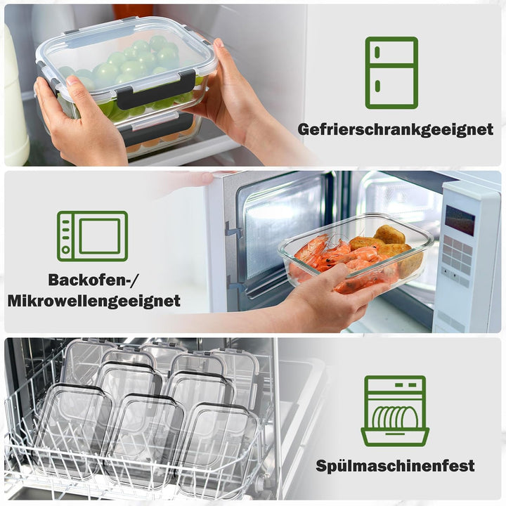 YASHE Glasbehälter mit Deckel, 10 Teile Stapelbar & Luftdicht Meal Prep Boxen Glas für Spülmaschine,
