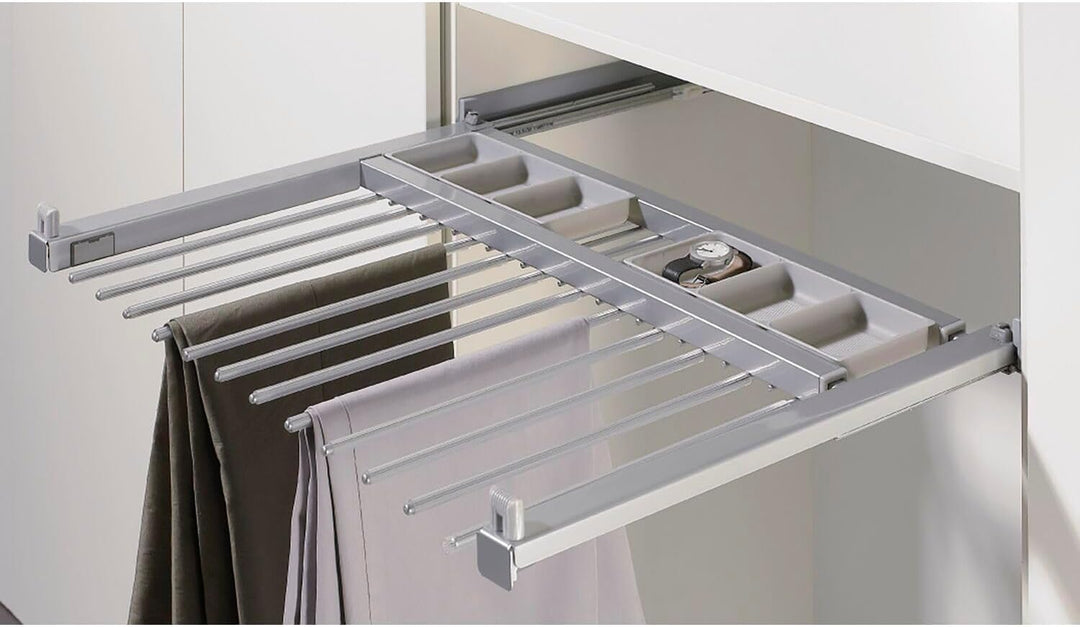 HETTICH 9132918 Silber Amari 200 Hosenhalter (Hosenträger), ausziehbare Halterung für 12 Hosen, Korp