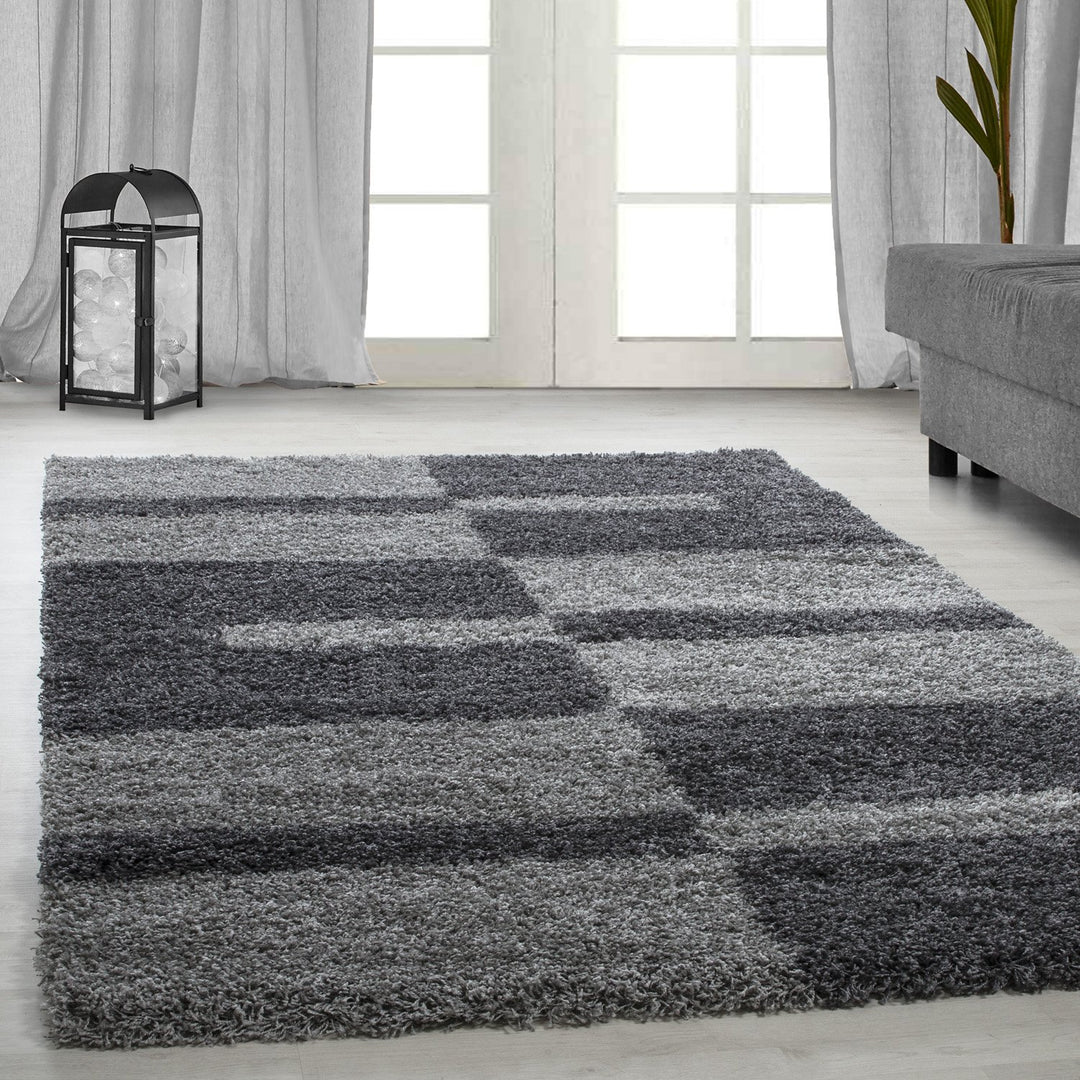 Carpetsale24 Teppich Wohnzimmer Moderne Kariert Design Shaggy Flokati 120 x 170 cm Grau - Hochflor T