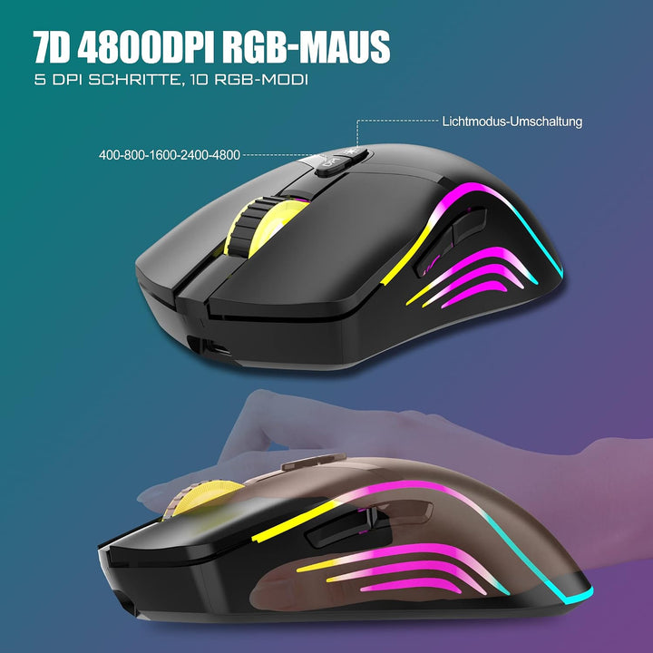 RedThunder K20 Rechargeable Kabelloses Tastatur und Maus Set, QWERTZ DE Layout, RGB Hintergrundbeleu