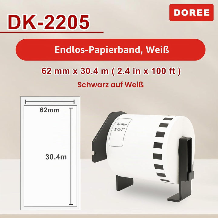DOREE 5 Rollen DK-22205 Endlosetiketten, kompatibel mit Brother DK22205, 62mm x 30,48m Selbstklebend