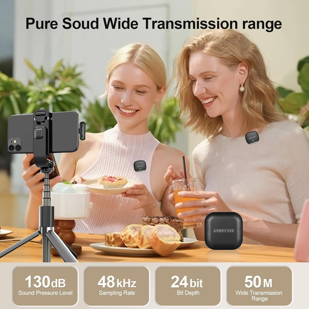 ANDYCINE MC, kabelloses Mikrofonsystem, Doppelsender, Geräuschunterdrückung AI, USB-C, 48 kHz/24-bit