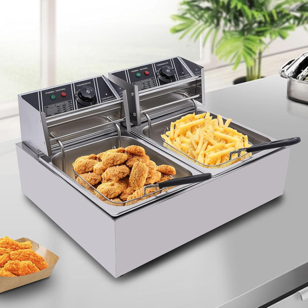 5000W Edelstahl Doppel Fritteuse, 2 * 6L Profi Friteuse Fritteuse mit Korb Dual Tank Elektro-Fritteu