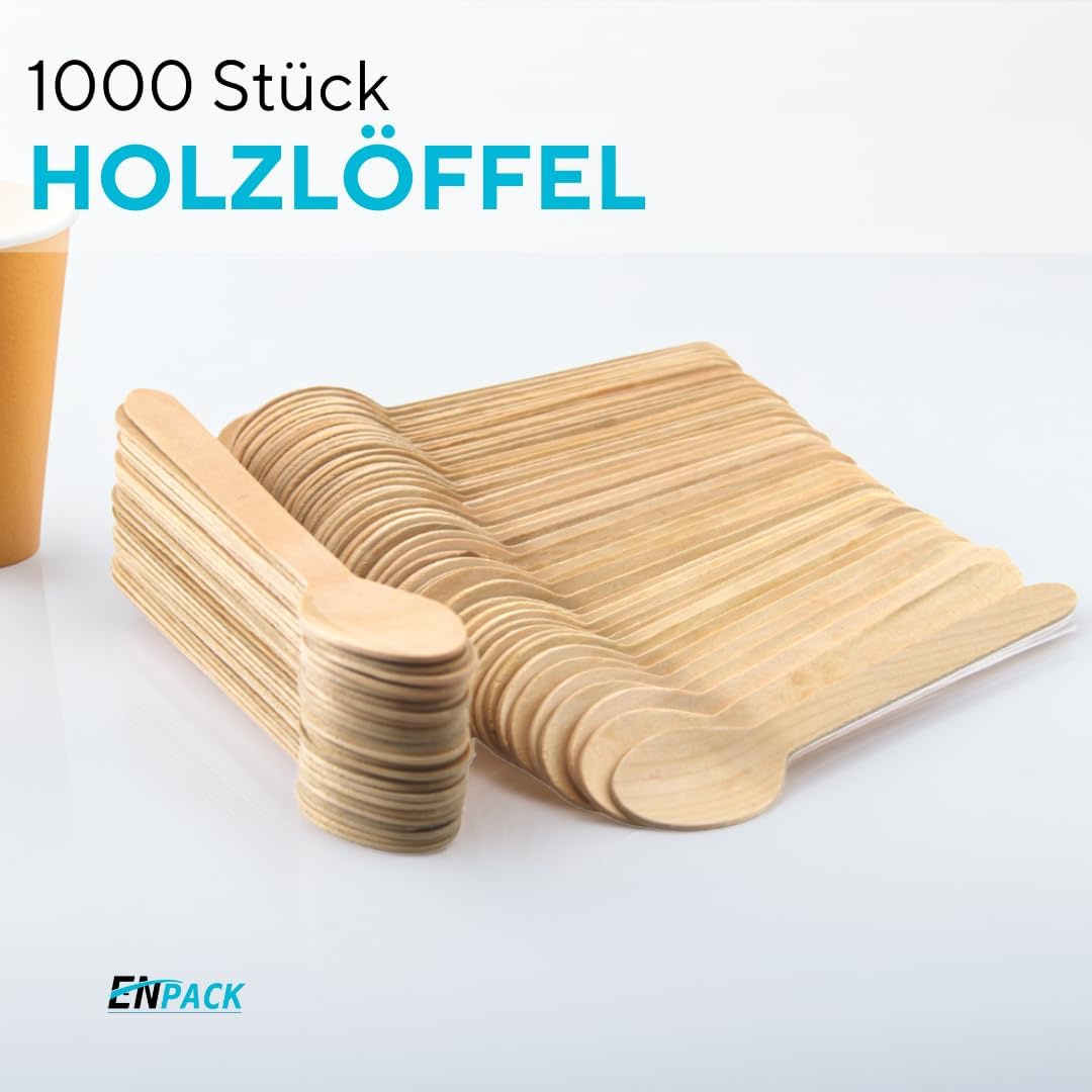 Enpack Holzlöffel 1000 Stück - Einwegbesteck Löffel 160mm - 100% umweltfreundliches Holzbesteck Einw