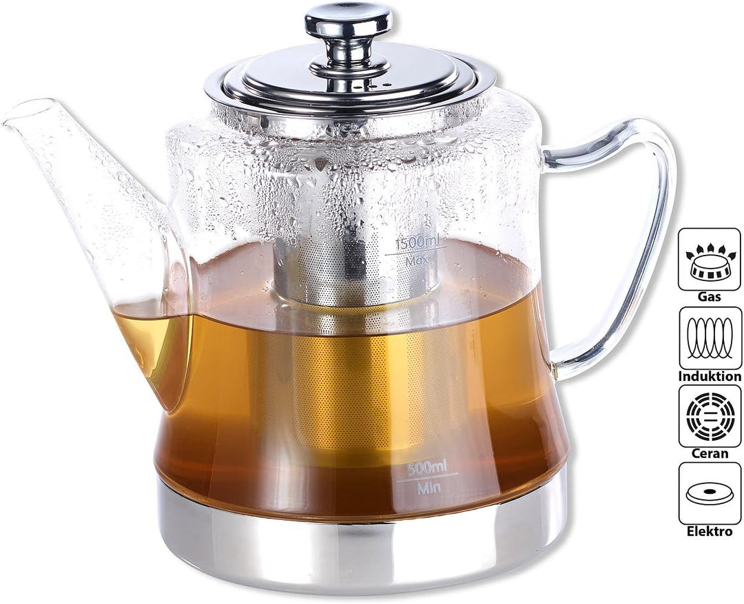 Rosenstein &amp; Söhne Teekocher: 2in1-Glas-Teebereiter &amp; Teekanne für alle Herde, auch Induktion, 1,5 l