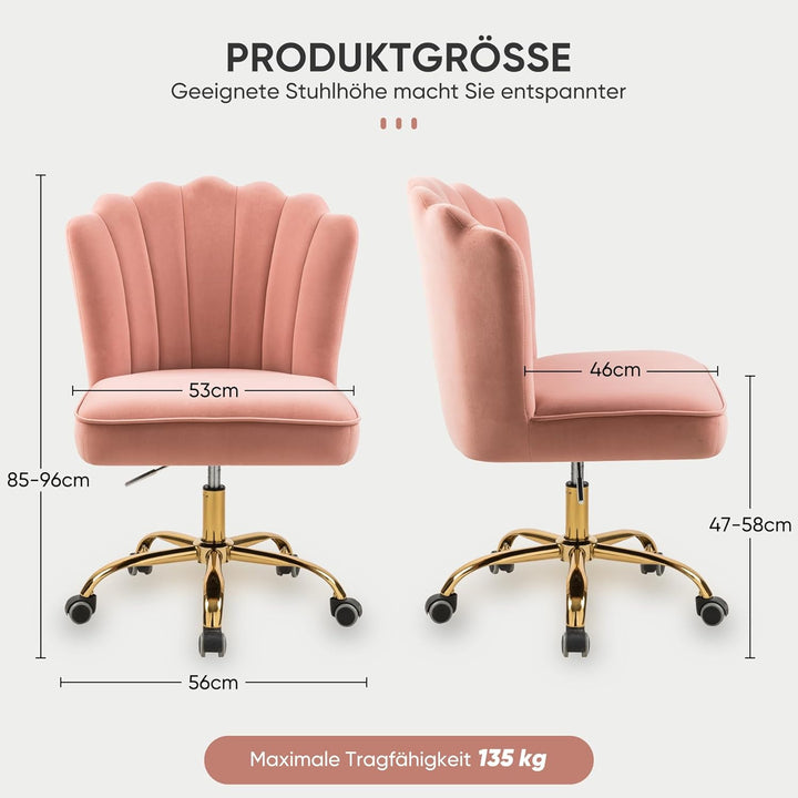 Bürostuhl Samt,Mädchen Schreibtischstuhl,Drehstuhl,Höhenverstellbar Muschel Stuhl,360° Drehbar Rolle