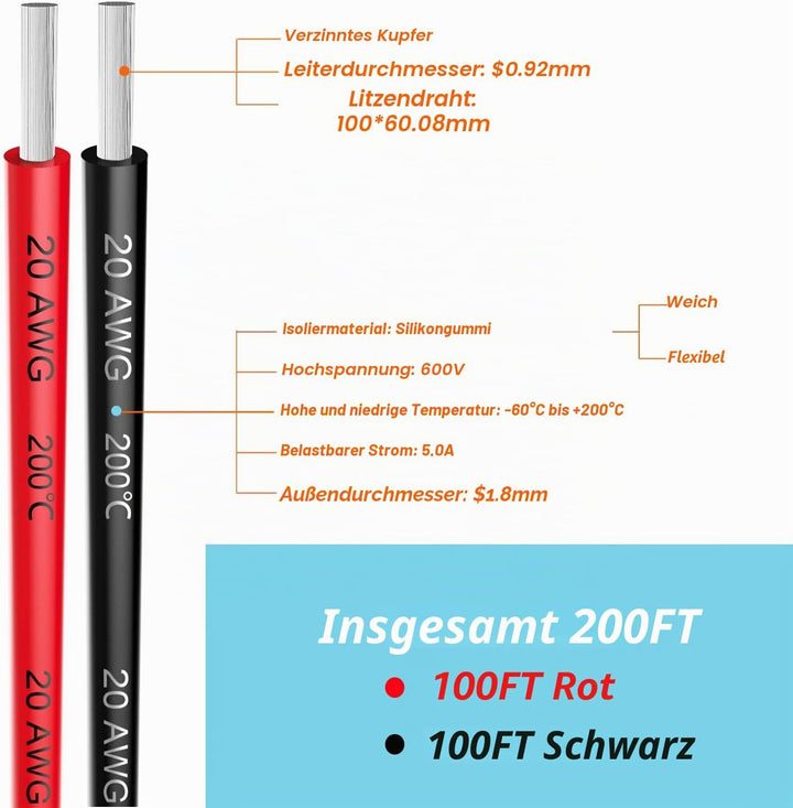 20awg 0,5mm² Silikon Elektrischer Draht Kabel 2x30 Meter sauerstofffrei hochtemperatur beständiger v