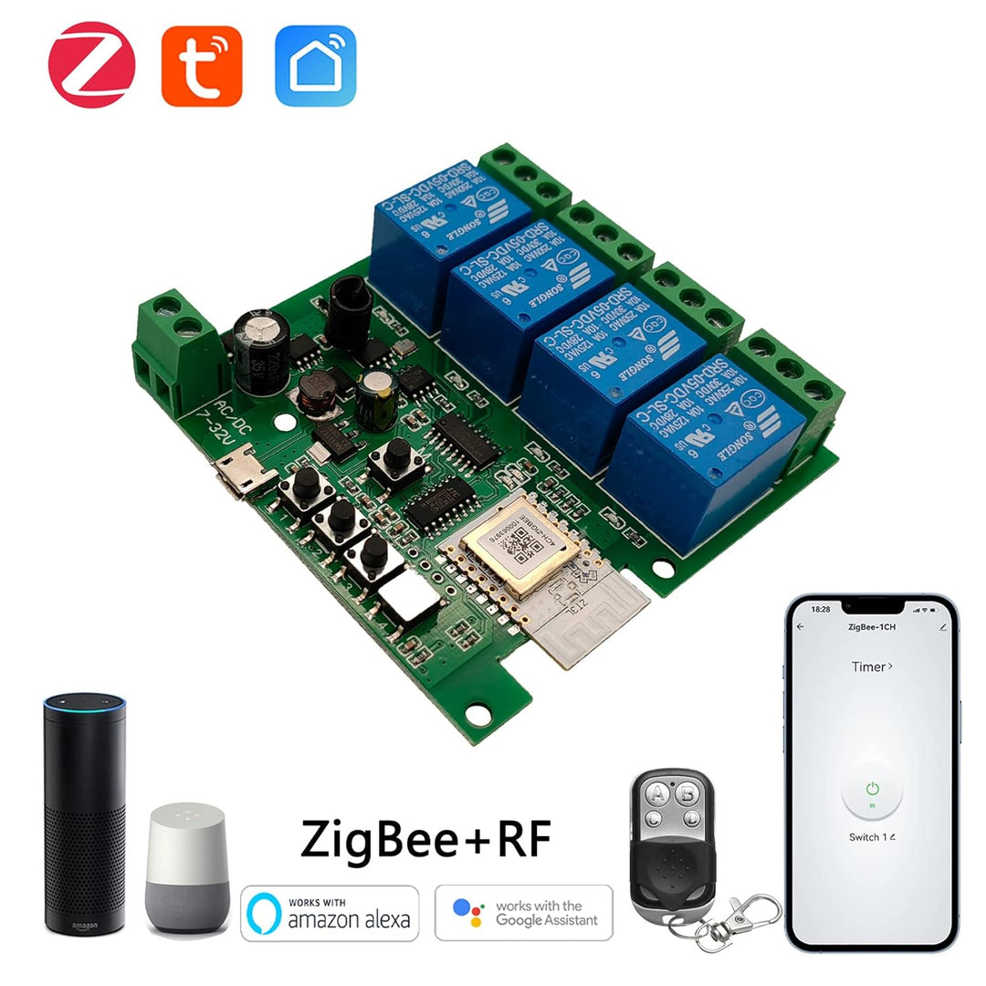 Jane Eyre 4 Kanal Tuya Zigbee Smart Switch, Jog/Selbstsperrendes Relais DC/AC 7-32V mit 433Mhz RF Fe