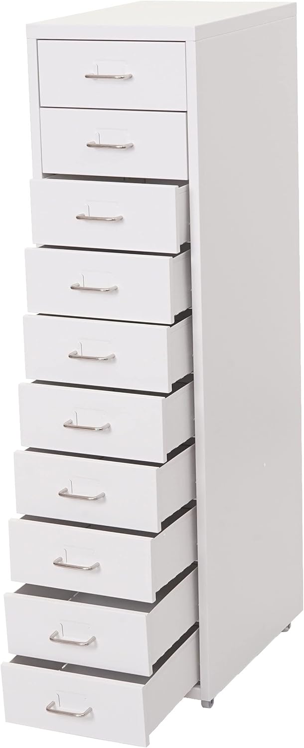 Mendler Rollcontainer Boston T851, Schubladenschrank Stahlschrank, 110x28x41cm 10 Schubladen - weiss