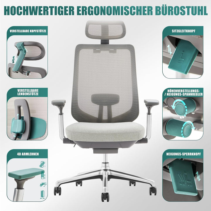 COLAMY XK Atlas Ergonomischer Netz-Bürostuhl, Chefsessel mit hoher Rückenlehne, Verstellbarer Kopfst