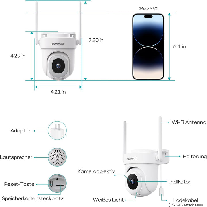 ZUMIMALL 5MP Überwachungskamera Aussen 5G/2,4GHz WLAN Kamera Überwachung aussen Kabelgebunden, 355°/