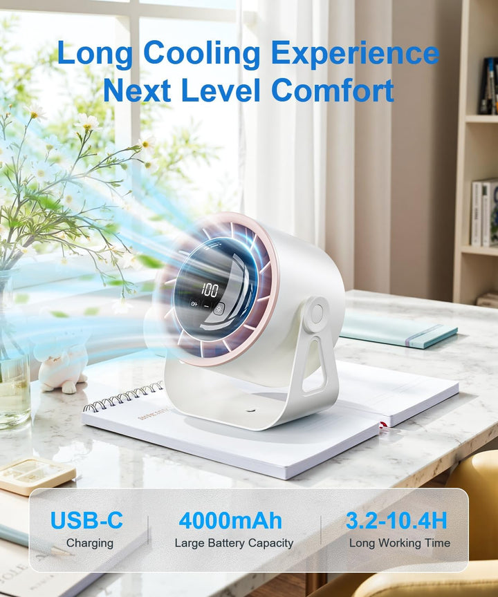 Macchiatto Tischventilator USB mit Akku, Leiser Mini Ventilator, 4 Geschwindigkeiten, 360° Verstellb