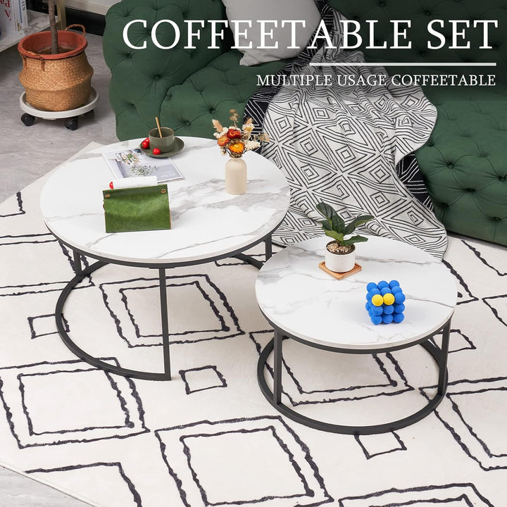 Soayone Couchtisch Rund 2er Set, Weiss Marmor Couchtisch mit Schwarz Metallgestell, Beistelltisch Ru