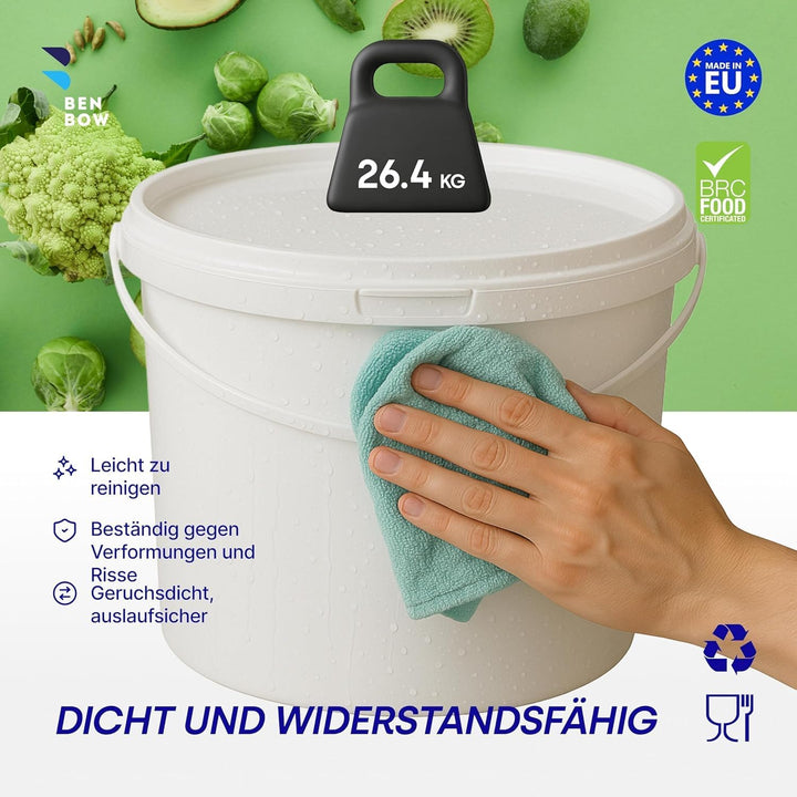 BenBow 10 Liter Eimer mit Deckel, weiss, stapelbar, mit Lebensmittelfreigabe Set (50 Stück)