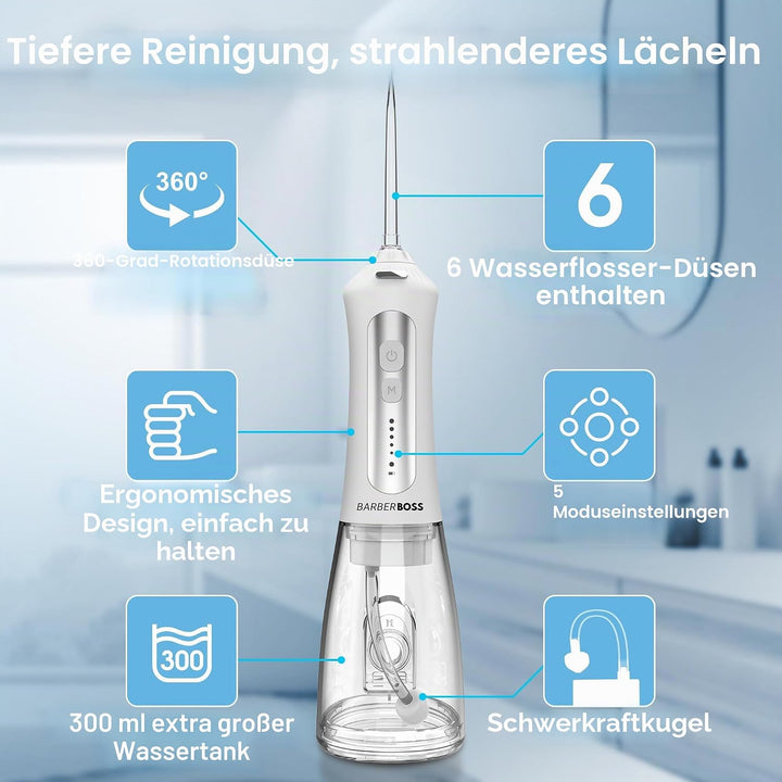 BarberBoss Water Flosser, Plaque-Entferner für Zähne, Munddusche, elektrischer Zahnseide-Apparat, Za