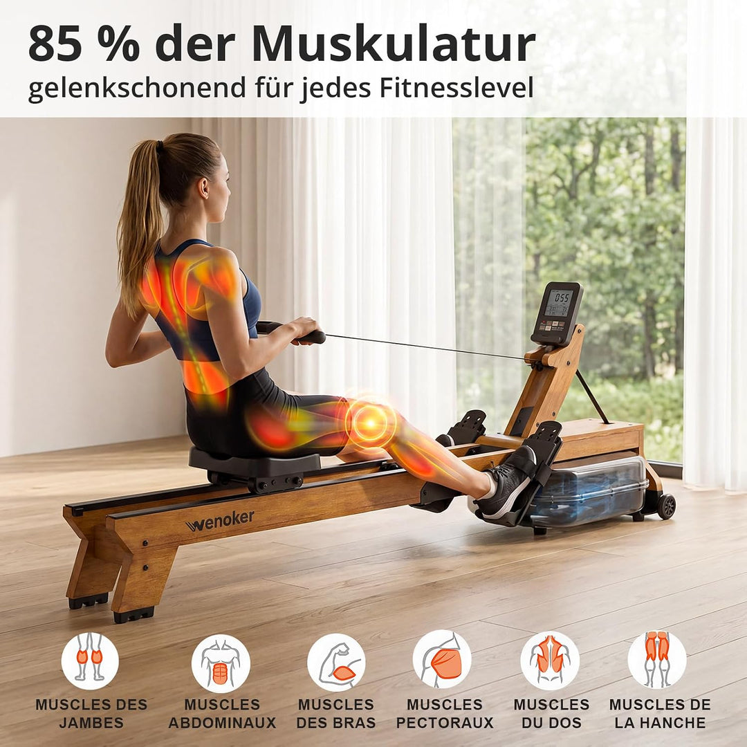 Wenoker Wasser-Rudergerät für Zuhause, klappbar – 160 kg, leise | APP &amp; Bluetooth, LCD, Tablet-Halte
