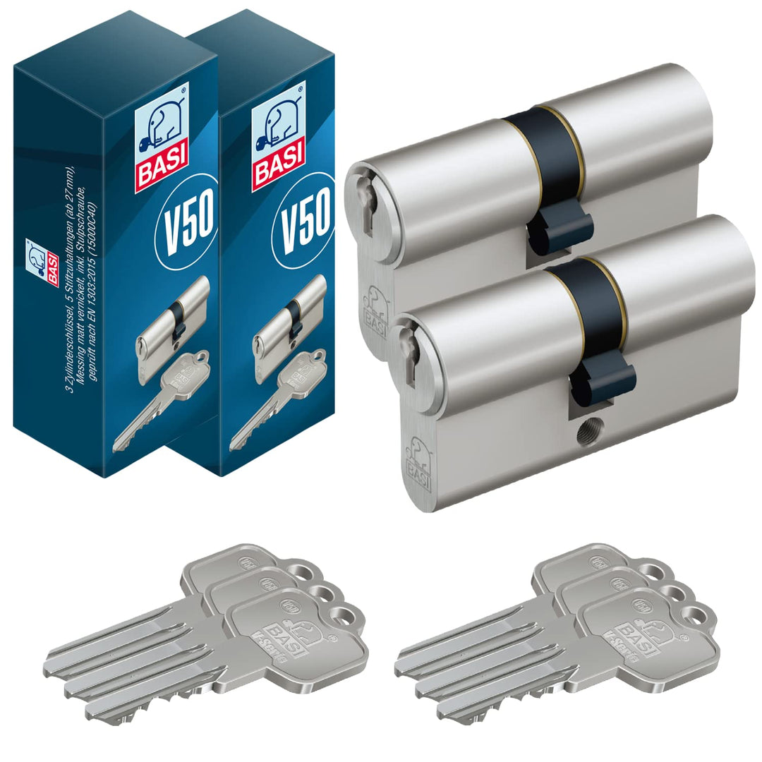 BASI | 2er SET V50 Profil-Doppelzylinder 30/40 mm | Gleichschliessend | Profilzylinder | Türzylinder