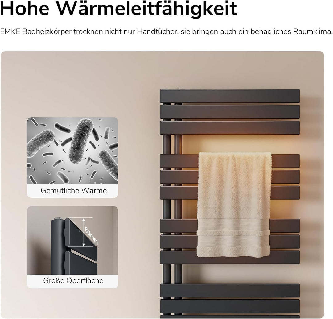 EMKE Handtuchheizkörper Flach 1320x600 mm, Badheizkörper Handtuchhalter mit Seitenanschluss, Effizie
