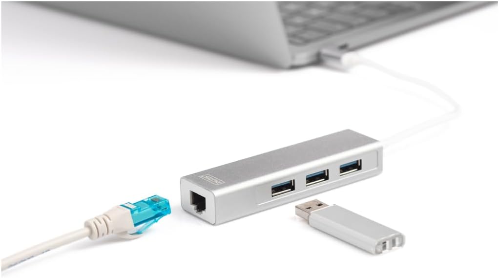 DIGITUS USB 3.0 Typ C 3-Port Hub mit Gigabit Ethernet Adapter, 3x USB A, 1x RJ45 LAN, Silber USB 3.0