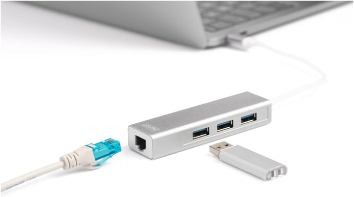 DIGITUS USB 3.0 Typ C 3-Port Hub mit Gigabit Ethernet Adapter, 3x USB A, 1x RJ45 LAN, Silber USB 3.0