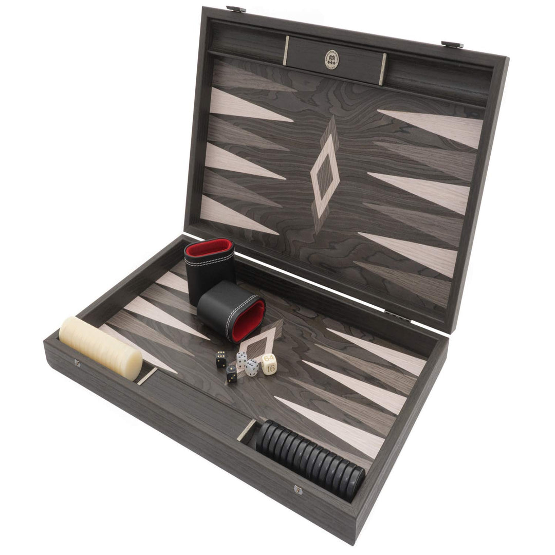 Manopoulos Backgammon-Set aus Ebenholz und Eiche mit Vinyl Deluxe-Bechern
