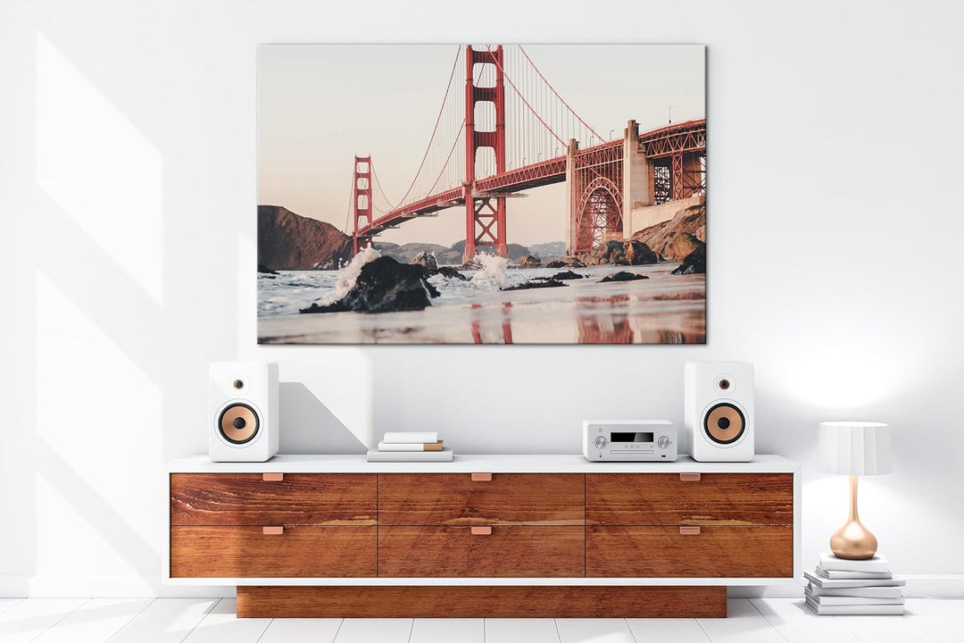 deyoli rote Golden Gate Brücke Format: 100x70 cm als Leinwandbild, Motiv fertig gerahmt auf Echtholz