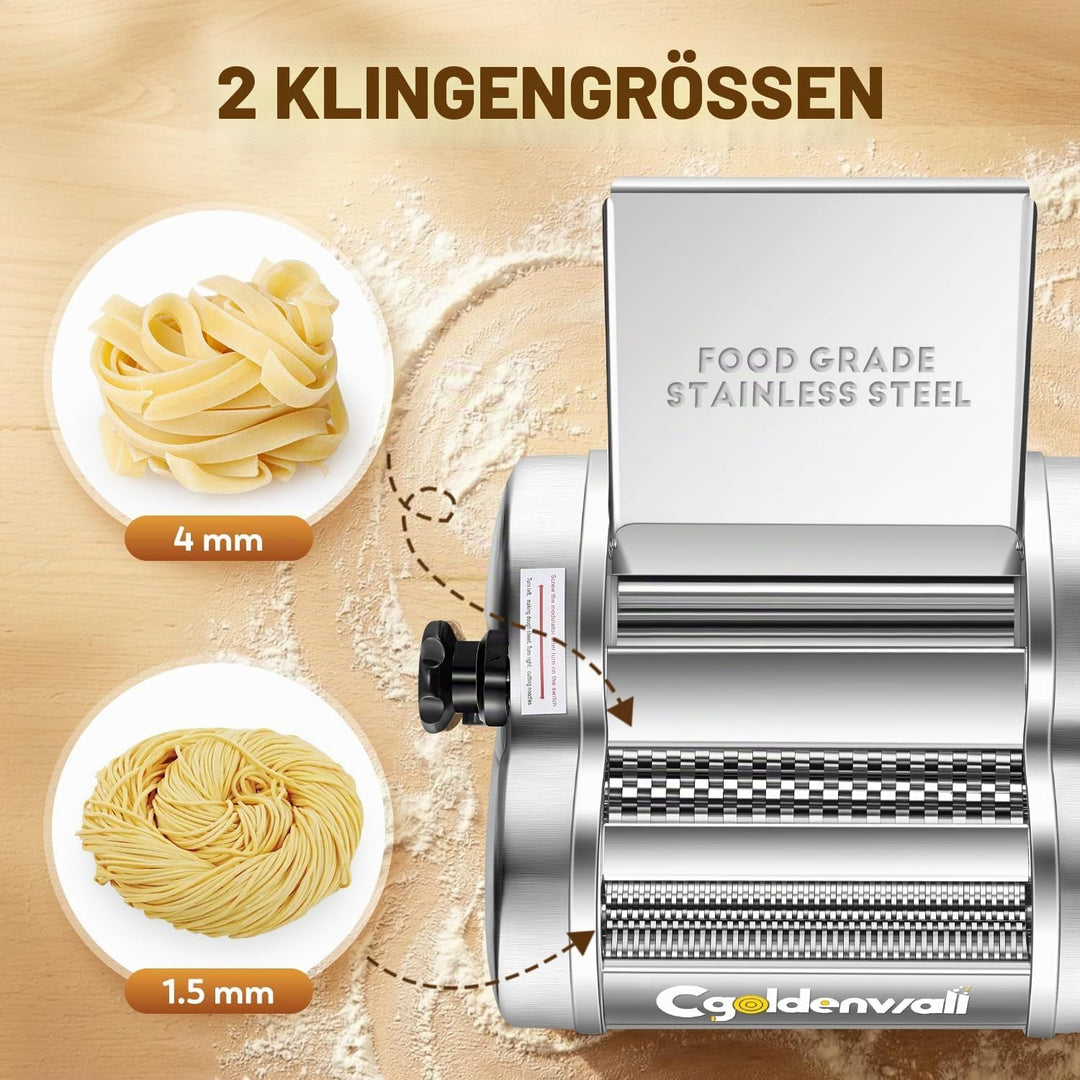 CGOLDENWALL Elektrische Nudelmaschine Frische Edelstahl-Teigausrollmaschine mit 2 Klingen von 1.5 mm