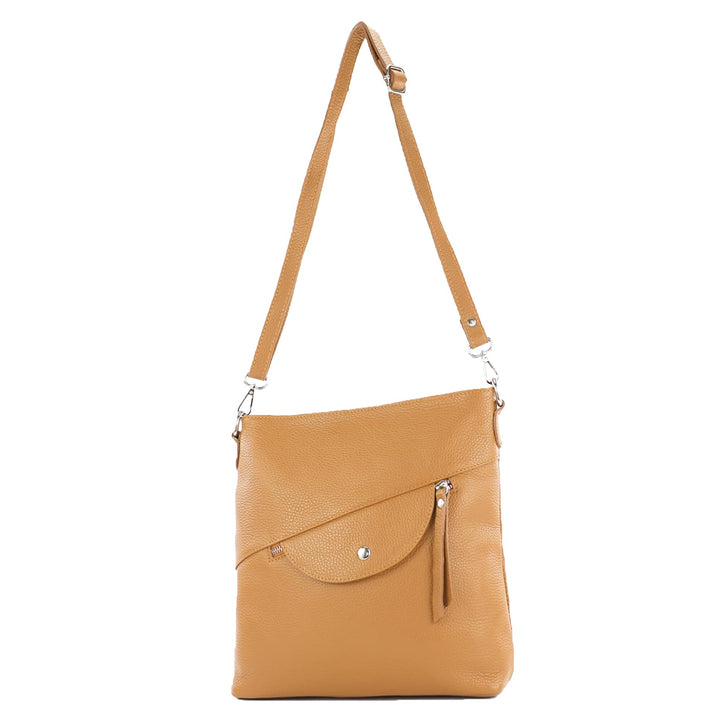 modamoda de - T223 - ital. Umhängetasche Schultertasche Medium aus Leder Camel, Camel