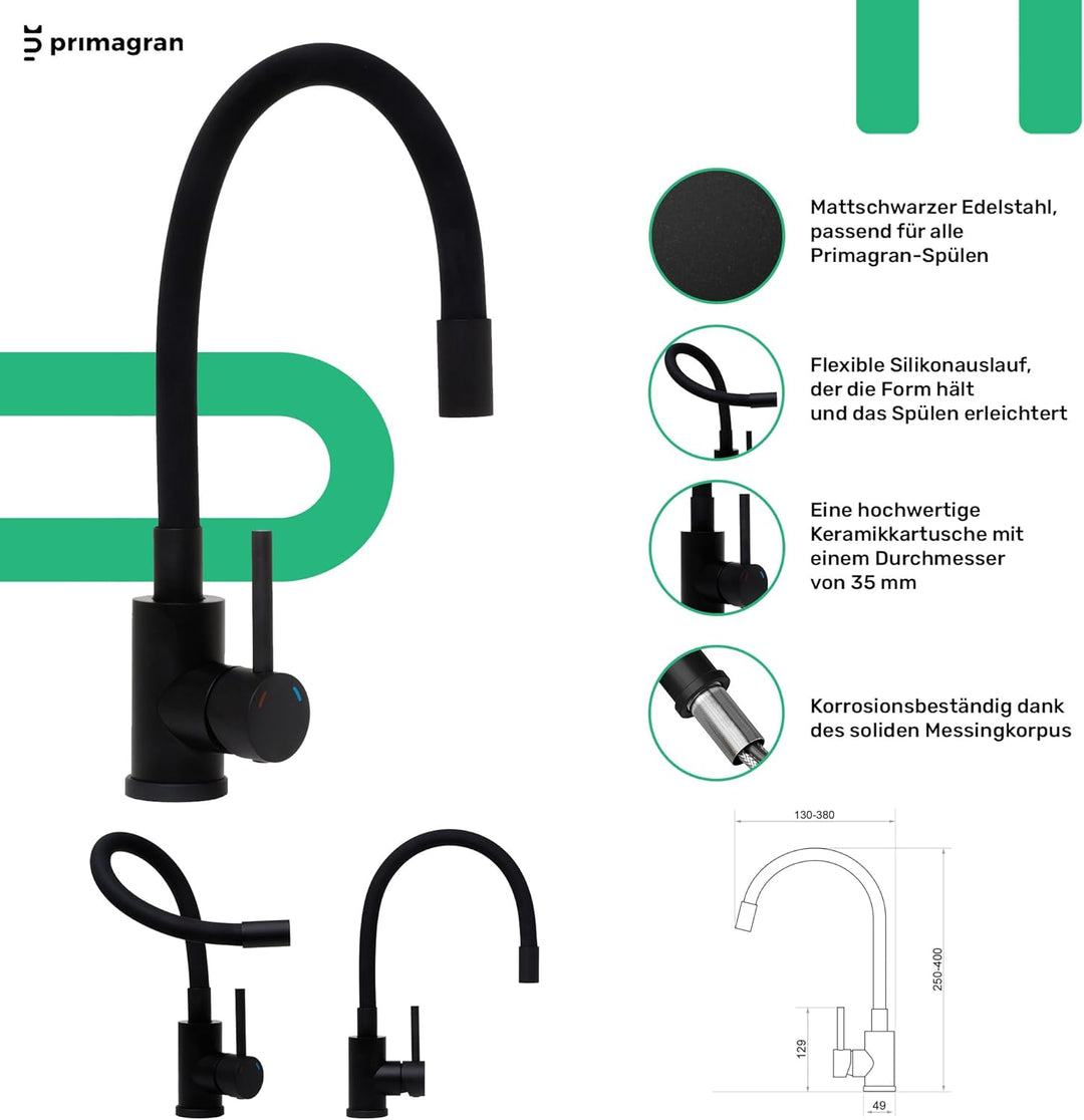 PRIMAGRAN Granitspüle Schwarz 62x50cm, Spülbecken 1 Becken + Küchenarmatur 40x38cm + Zuberhor-Set, K