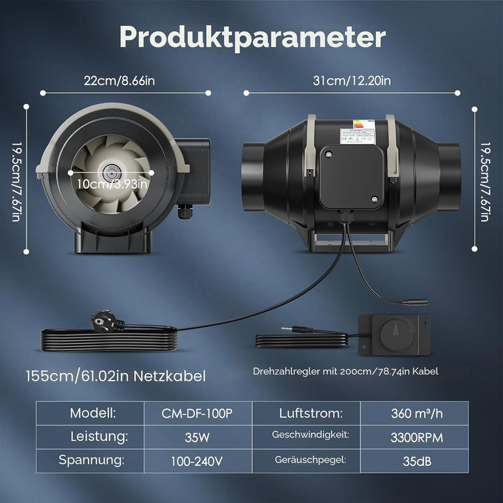 4-Zoll-Inline-Kanalventilator, 360 m³/h Luftstrom-Kanalventilator mit variabler Drehzahlregelung lei