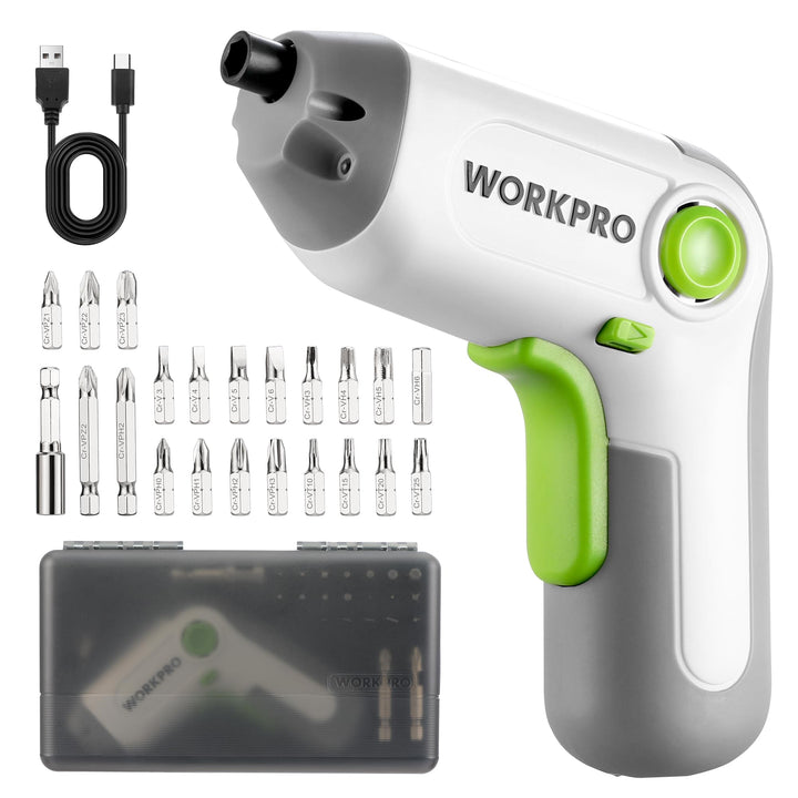 WORKPRO Akkuschrauber Set 3,6V, Exzentrischer Schraubendreher, mit 21 Bits und Verlängerungsstange,