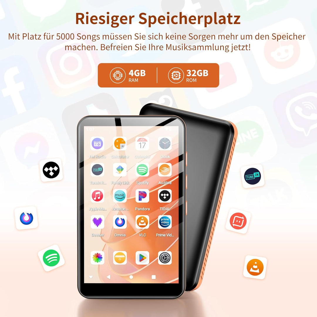 MP3 Player mit Bluetooth und WiFi, Android 13 MP3 MP4 Player mit 4“ Touchscreen und Lautsprecher, 4G