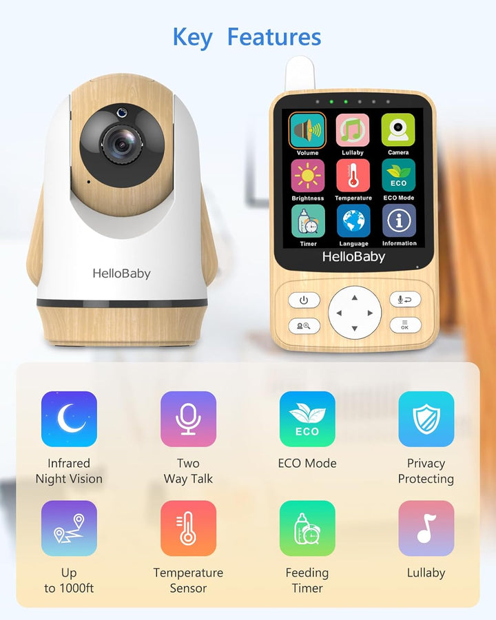 HelloBaby Babyphone mit Kamera,29 Stunden Akkulaufzeit Babyfon,350°/120° Baby Camera mit Ferngesteue