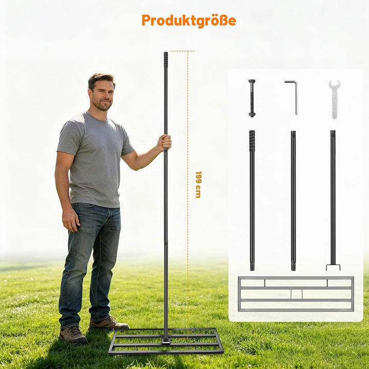 Rasen Nivellierrechen 43x25cm mit Gezahnte Seite und 199 cm Langer Griff, 2-In-1 Rasen-Nivelliergera