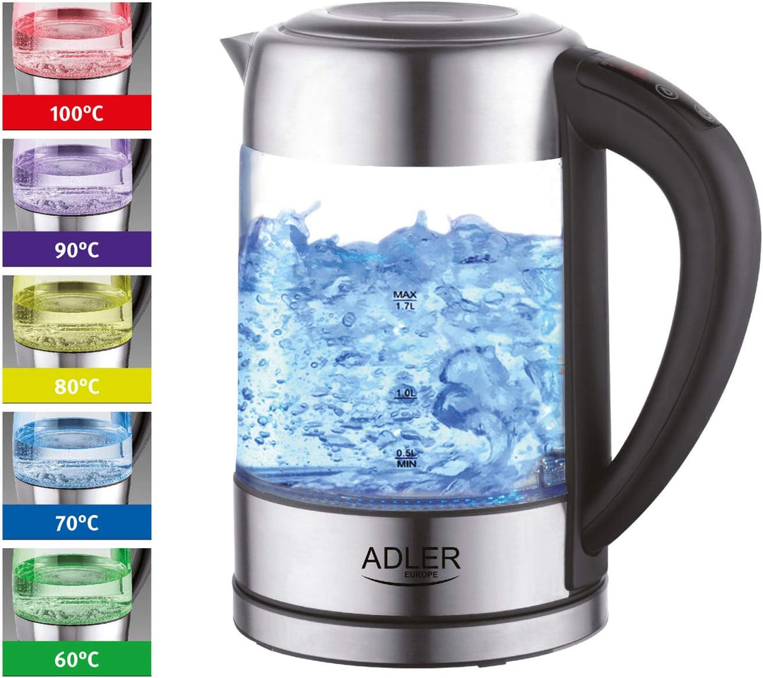 Adler AD 1247 Wasserkocher aus Edelstahl und Glas, 1,7L, 2200 W, digitaler Glaswasserkocher mit Temp