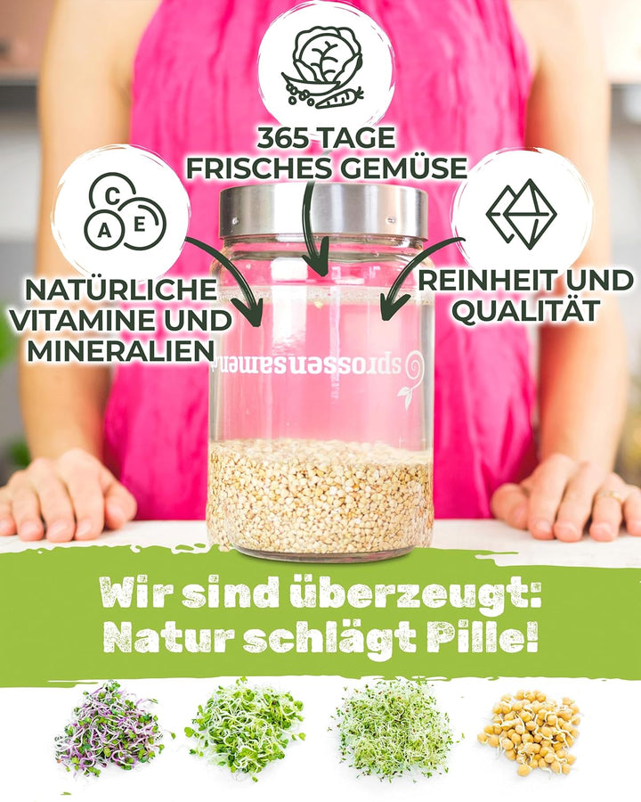 Starterpaket 3100ml mit Fitness-Mix Bio 250g &amp; Power-Mix Bio 250g - Keimglas für Sprossen - inkl. Sp