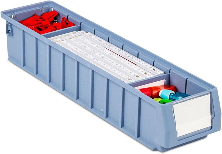SparSet 5x Regalkasten 500 SN mit Etikett &amp; Schutzhaube | HxBxT 9x11,7x50cm | 3,5 Liter | Sichtlager