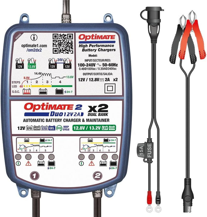 Optimate OptiMate 2 DUO x 2 BANK, TM570, BRONZE-Serie: 5-stufiges 2x 12V/12,8V 2A Batterielade- &amp; -w
