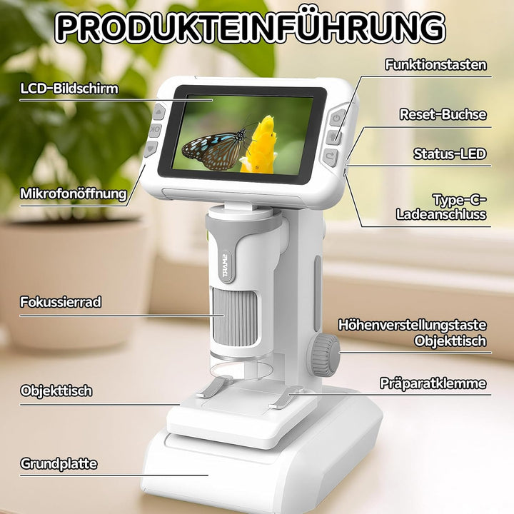Mikroskop für Kinder, Digitales Mikroskop mit 4 Zoll LCD-Display und 1600X Grosse Vergrösserung, Mic
