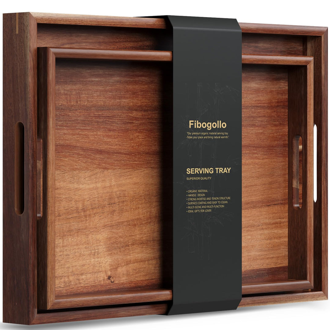 Fibogollo Serviertablett Akazienholz 2er M+L Griffe Frühstück Bett