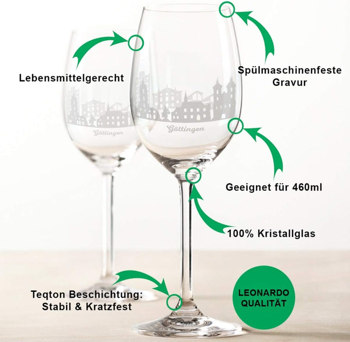 GRAVURZEILE Leonardo Weingläser - Skyline Göttingen im Set - Hochwertige 360° Laser Gravur - schönes