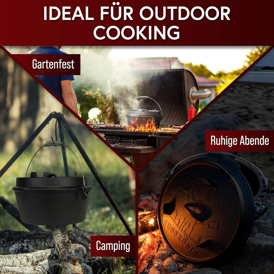 GUSSKÖNIG Dutch Oven Set [4,5L] - Eingebrannter Feuertopf mit praktischem Deckelheber und Edelstahl
