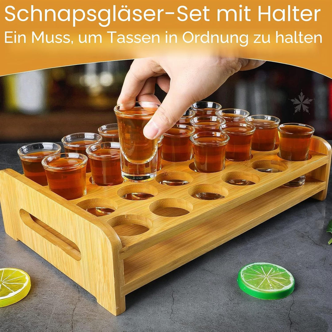 Schnapsglas-Set, 24 Stück, 30 ml, Schnapsglas-Halter, dicker Boden, klares Glas für Party, Club, Bar