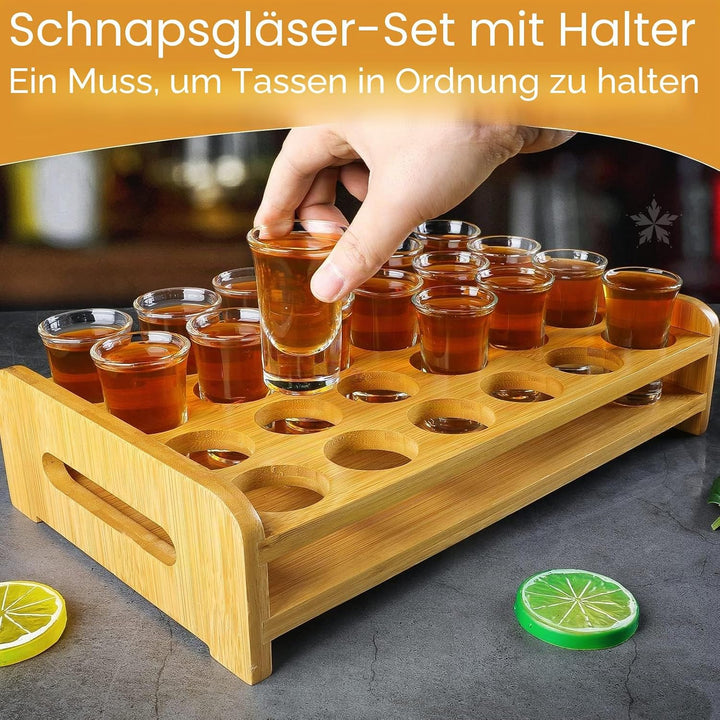 Schnapsglas-Set, 24 Stück, 30 ml, Schnapsglas-Halter, dicker Boden, klares Glas für Party, Club, Bar